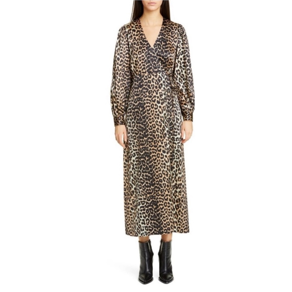 Ganni Silk Wrap Dress Leopard Print Long Sleeve Mob Wife Luxury Sz 38 = US 6 - Picture 7 of 14